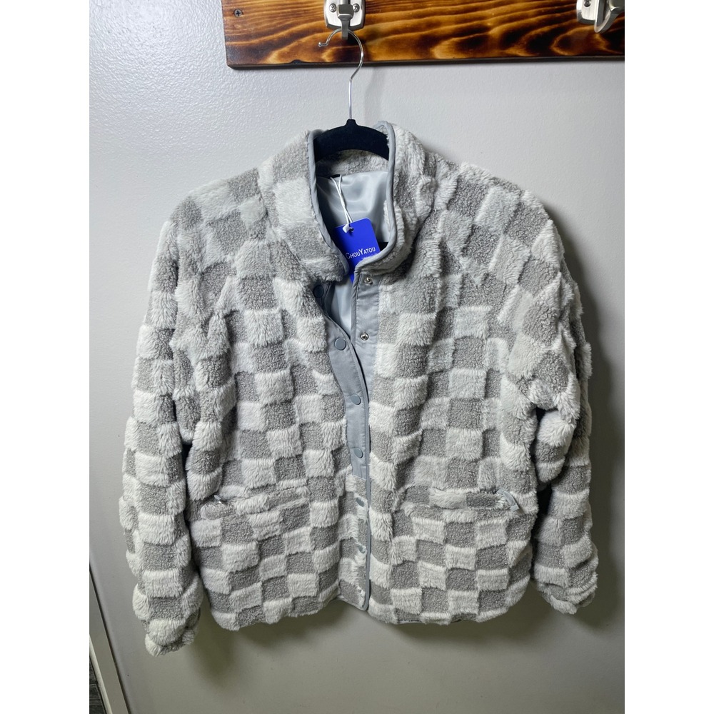 Chouyatou Womens Checkered Faux Fur Jacket Grey White Snap Front Mock Neck M NEW
